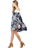 Batik Patchwork Off the Shoulder Dress, Beige