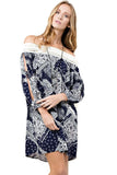 Batik Patchwork Off the Shoulder Dress, Beige