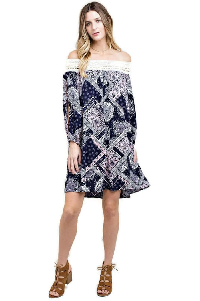 Batik Patchwork Off the Shoulder Dress, Pink