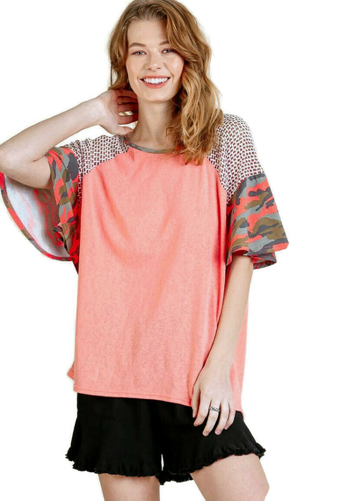 umgee usa Camo Bell Sleeve Top, Peach