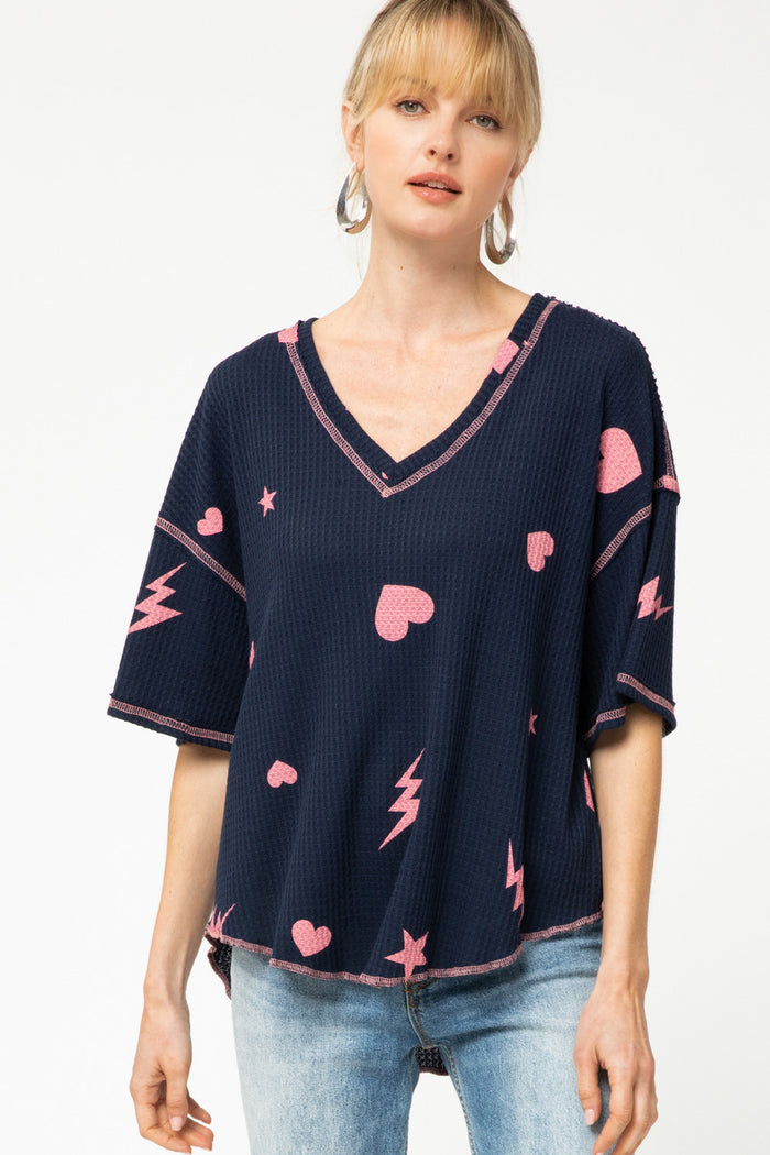 entro Navy & Pink Waffle Knit Top