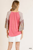 Mixed Print Bell Sleeve Top, Rose