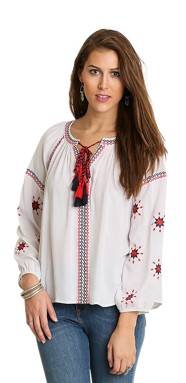 umgee embroidered tassel tie top