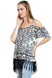 Off The Shoulder Fringe Top, Blue Mix