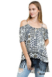 Off The Shoulder Fringe Top, Blue Mix