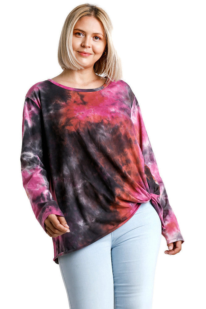 umgee usa tie dye long sleeve gathered knot top