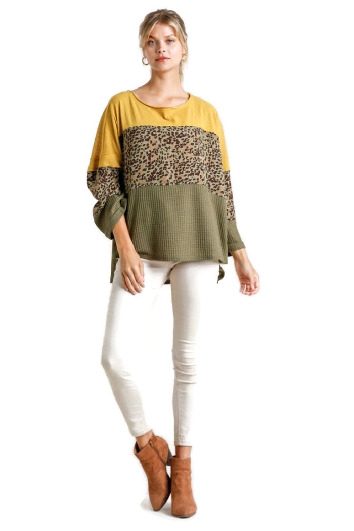 umgee color block animal print waffle knit top