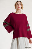 Leopard Trim Waffle Knit Top, Red