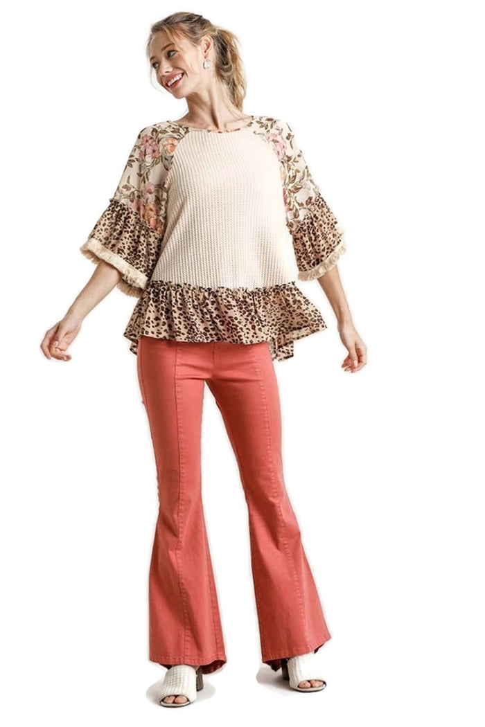 Floral & Animal Waffle Knit Top, Natural