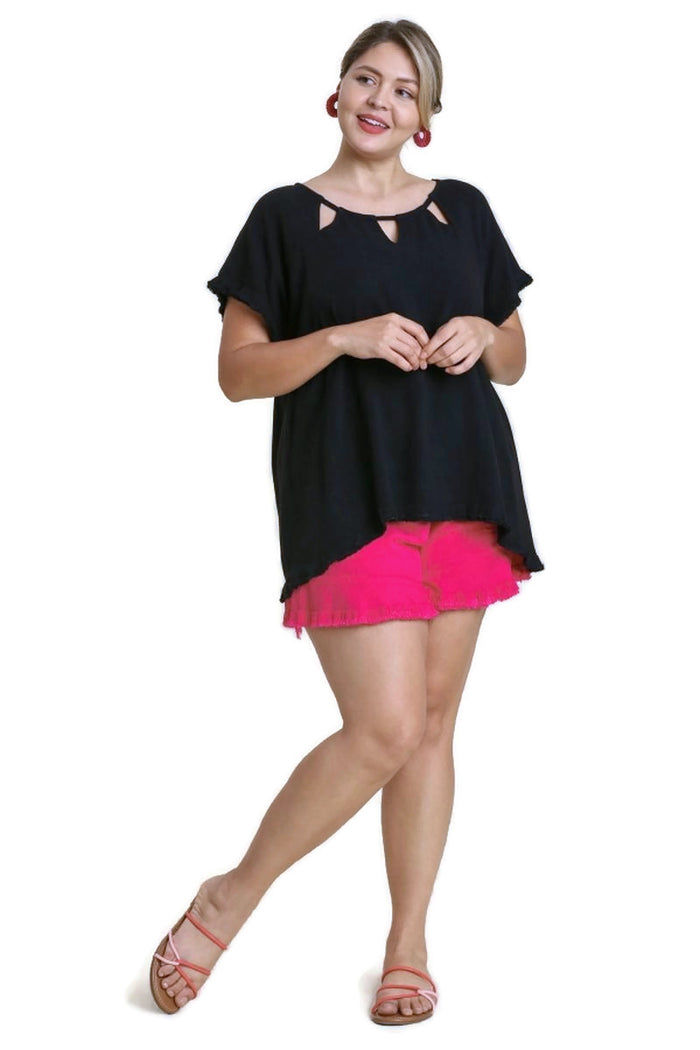 UMGEE USA Cut Out Frayed Fringe Top, Black