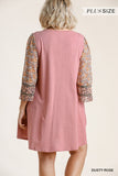 Mixed Print Bell Sleeve Dress, Rose
