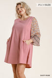 Mixed Print Bell Sleeve Dress, Rose