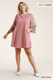 Mixed Print Bell Sleeve Dress, Rose