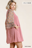 Mixed Print Bell Sleeve Dress, Rose