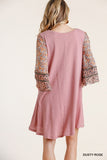 Mixed Print Bell Sleeve Dress, Rose