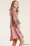 Mixed Print Bell Sleeve Dress, Rose