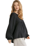 Pleated Detail Babydoll Top, Black