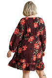 Floral Print Balloon Sleeve Dress, Plum