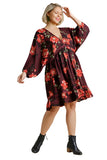 Floral Print Balloon Sleeve Dress, Plum