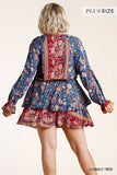 Floral Border Print Layered Dress, Cobalt