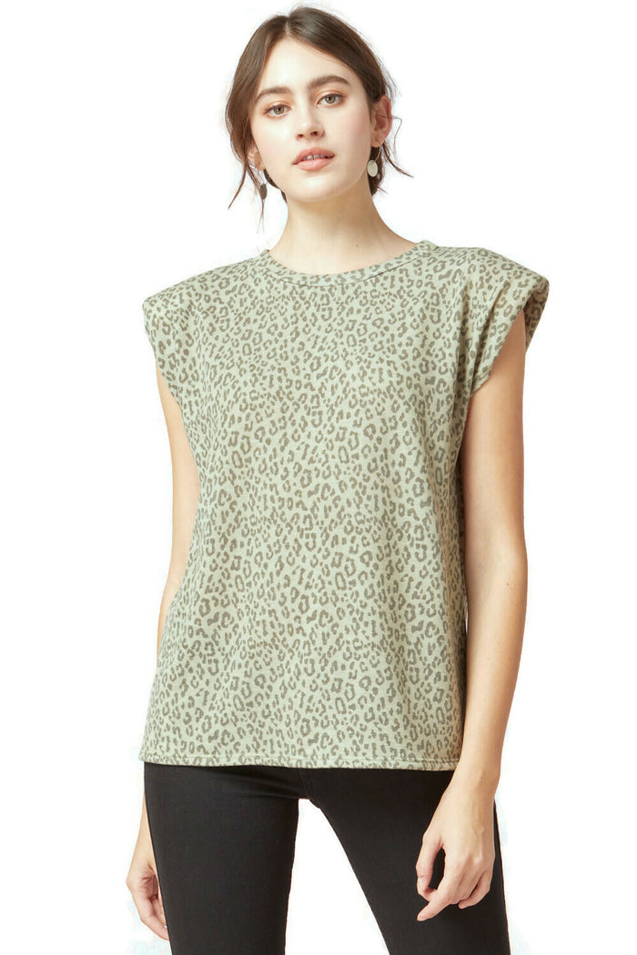ENTRO Leopard Tonal Sleeveless Top, Olive