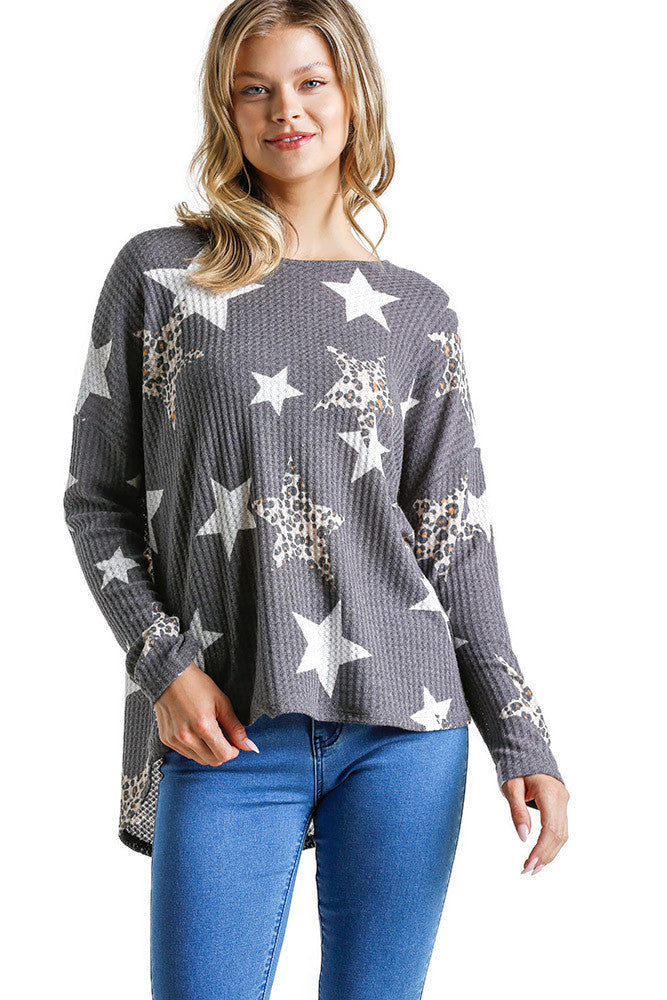 umgee usa Star & Leopard Waffle Top