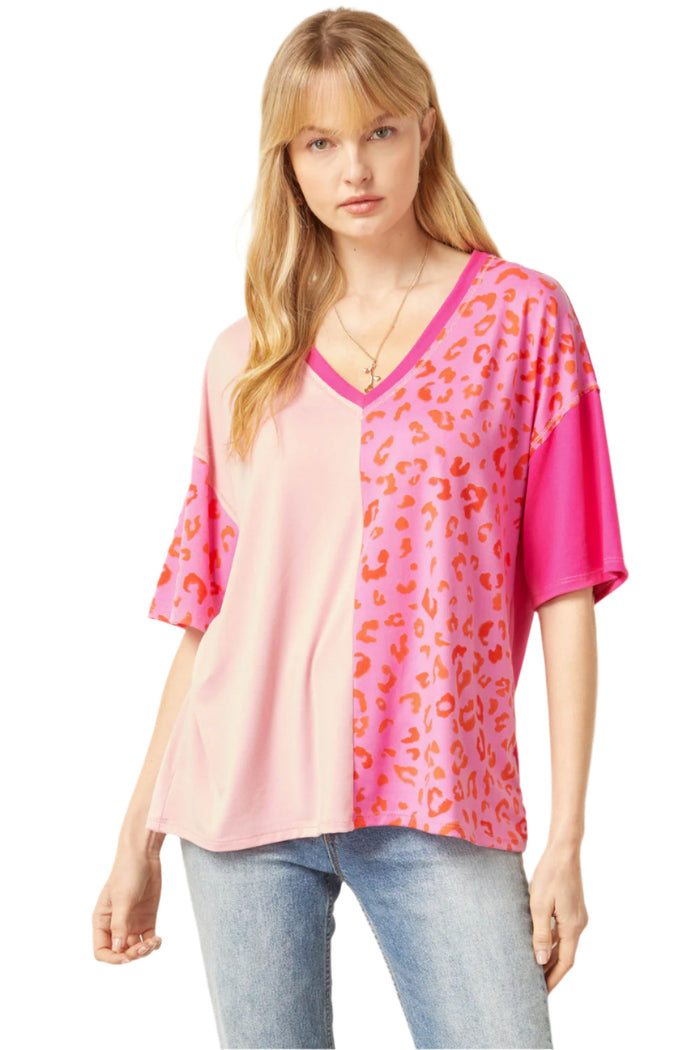 Color Block Leopard Top, Pink