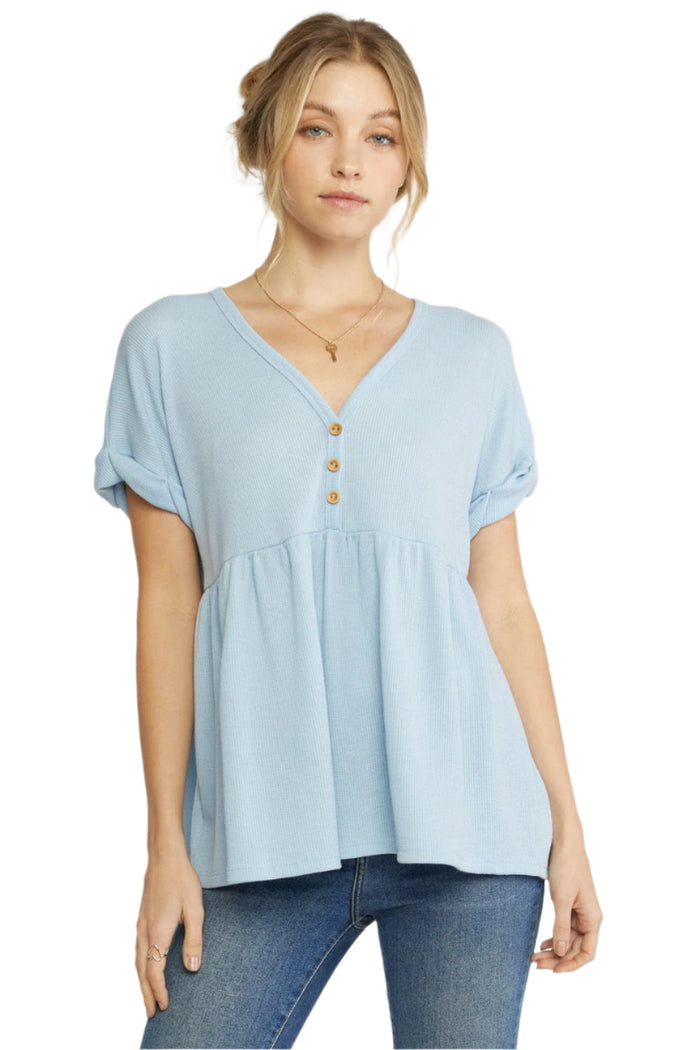 Waffle Knit Babydoll Top, Blue