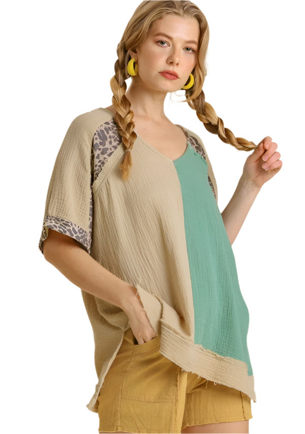 UMGEE USA Color Block Cotton Gauze Top