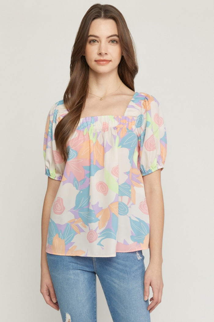 entro USA Floral Square Neck Blouse Top Tunic