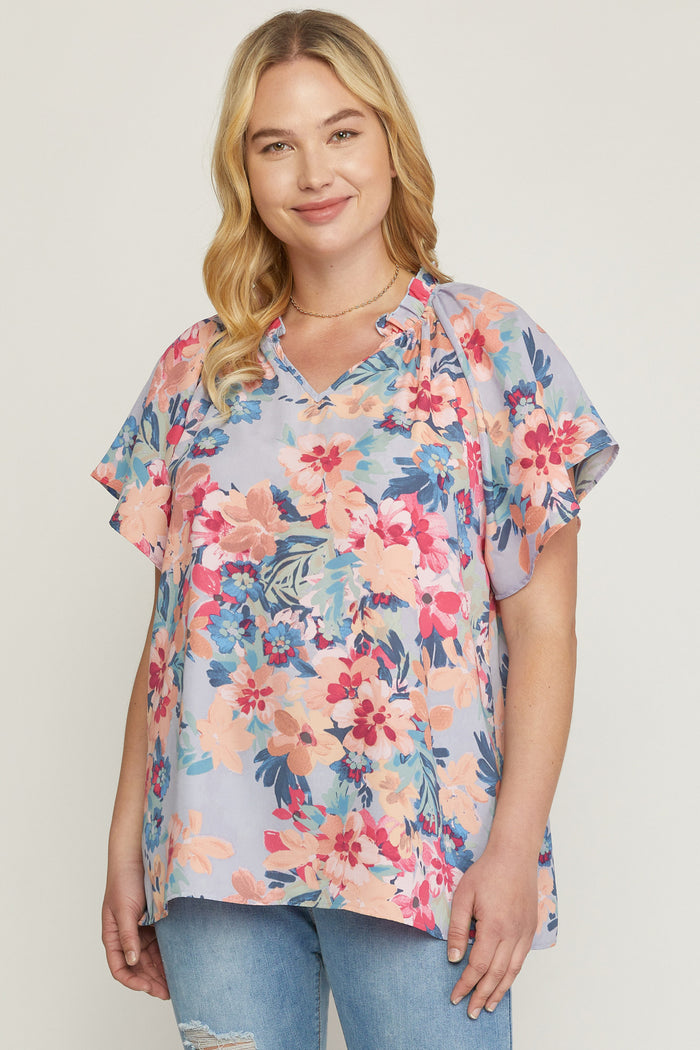 entro USA Flutter Sleeve Floral Blouse