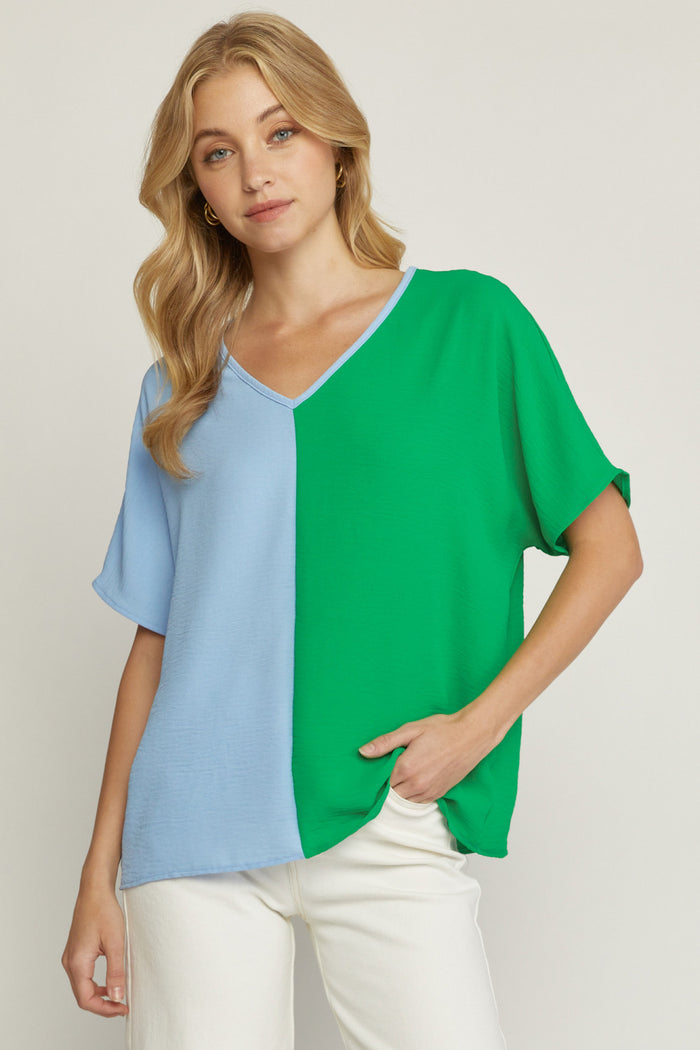 entro USA Color Block V-Neck Top, Green