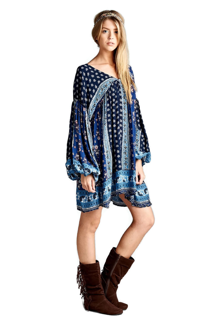 Patch Print Baby Doll Dress, Blue