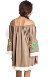 Embroidered Off the Shoulder Dress, Mocha