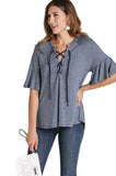 Lace Up Bell Sleeve Top, Navy