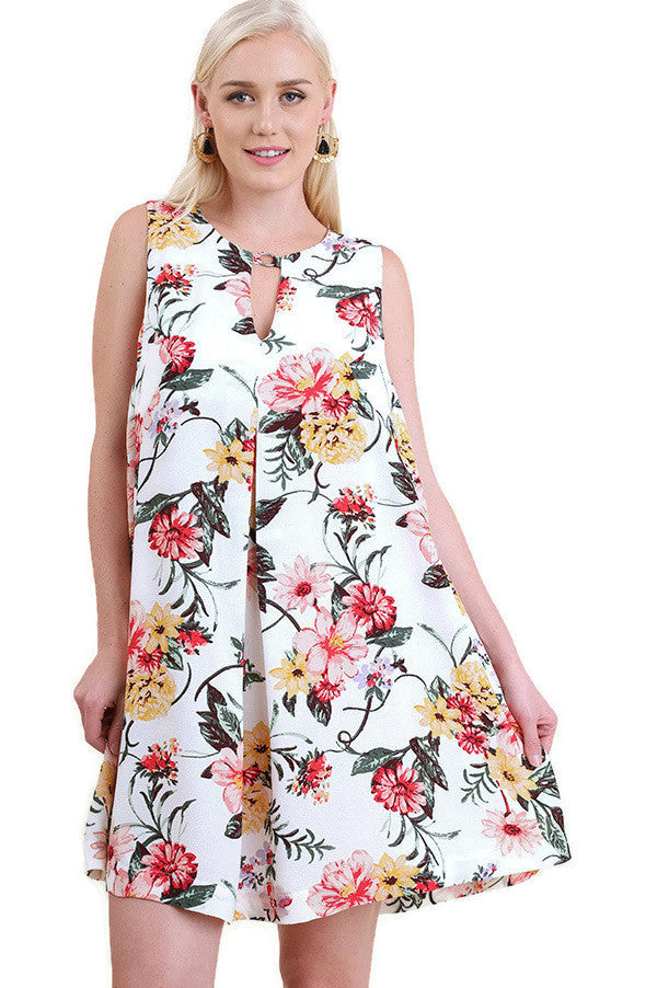 Floral Keyhole Bohemian Dress, Cream Mix