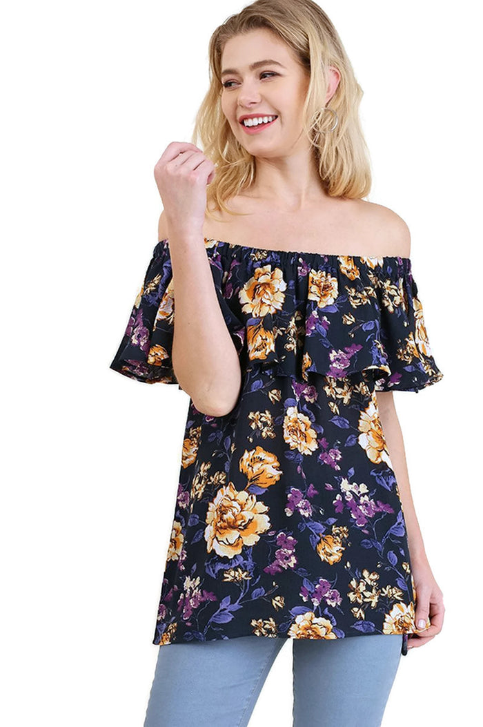 Off The Shoulder Floral Print Top, Navy