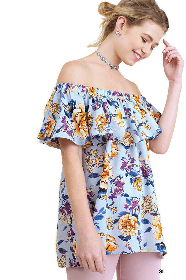 Off The Shoulder Floral Print Top, Sky