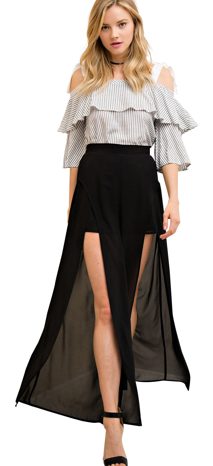 Solid Slit Maxi Pants, Black