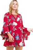 Floral Bell Sleeve Dress, Burgundy