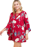 Floral Bell Sleeve Dress, Burgundy