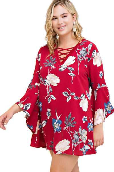 Floral Bell Sleeve Dress, Burgundy XL