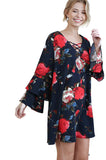 Criss Cross Layered Ruffle Sleeve Floral Dress, Navy