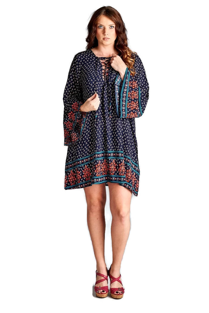 Border Print Floral Bohemian Dress, Blue