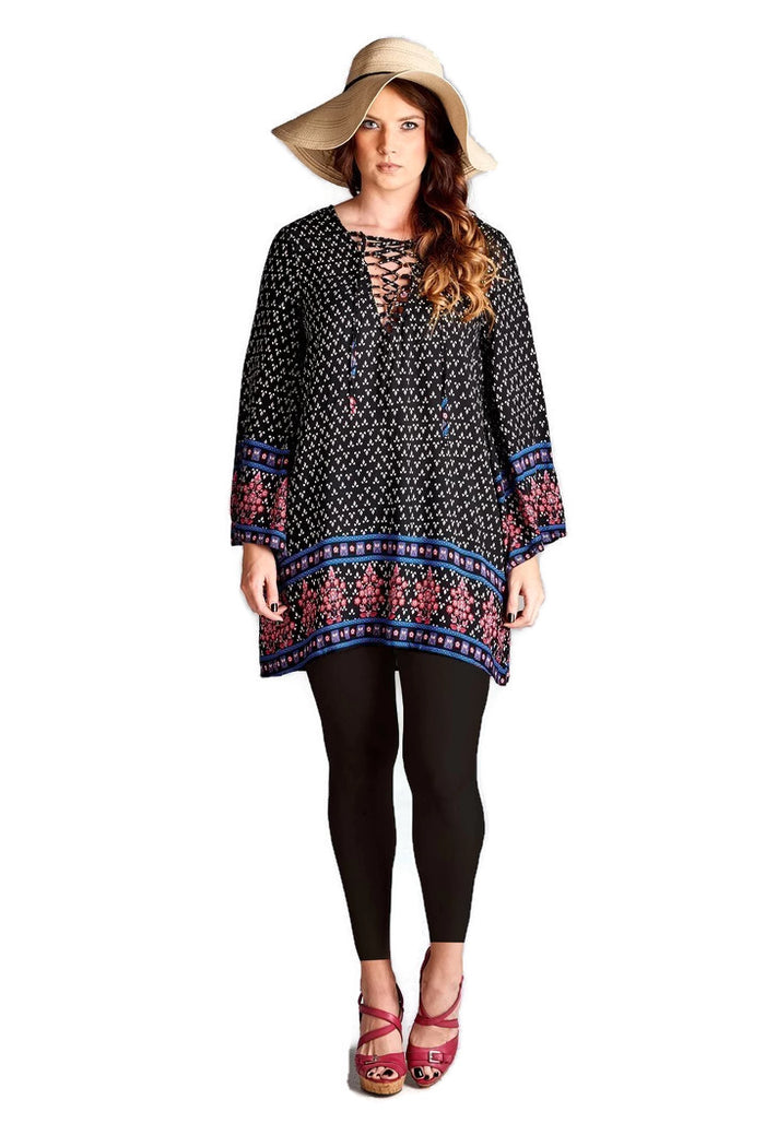 Border Print Floral Bohemian Dress, Black