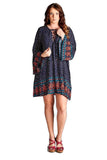 Border Print Floral Bohemian Dress, Blue