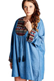 Tassel Embroidered Denim Dress, Blue