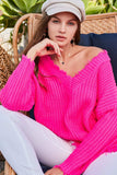 Frayed V-Neck Sweater, Neon Pink