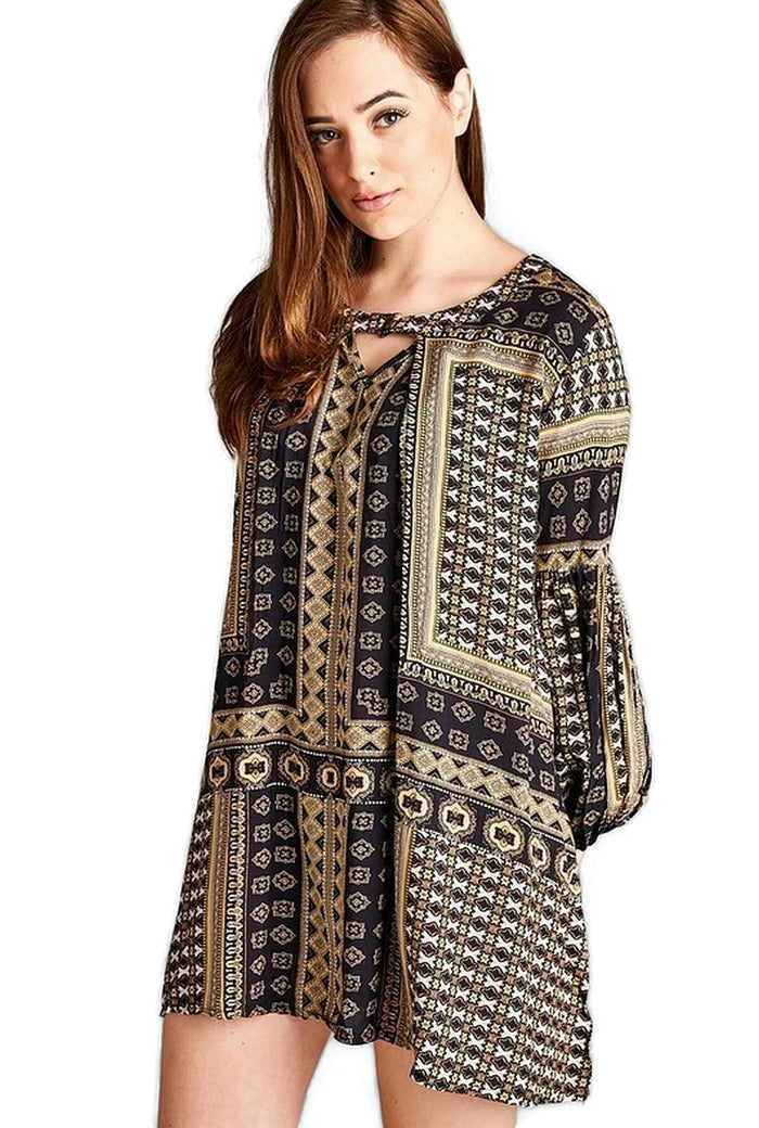 velzera bohemian camel and black mini dress