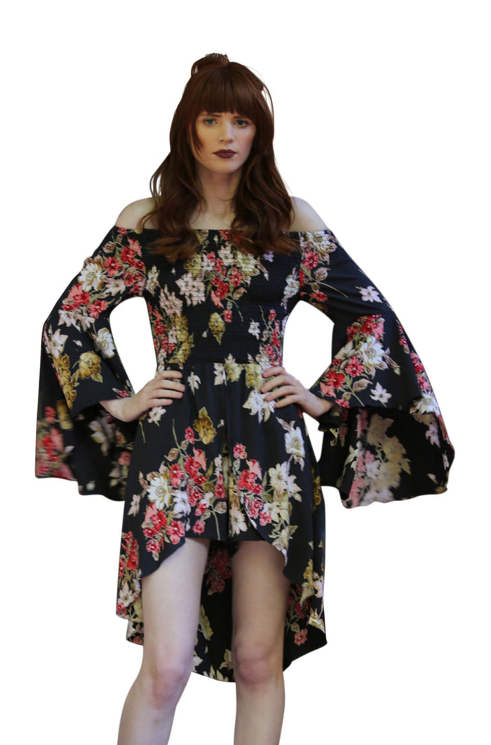Floral Walk Through Romper, Black